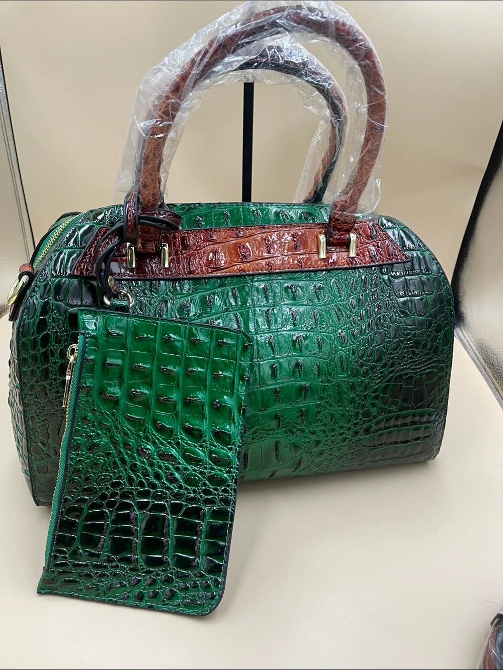 Green Croc-Embossed Satchel with Brown Trim and Top Handles